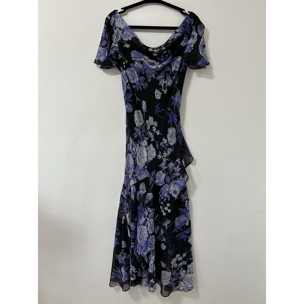 VTG Y2K Eva Blue Sz 10 Black Rose Print Floral Fairycore Maxi Dress Prom Womens‎
